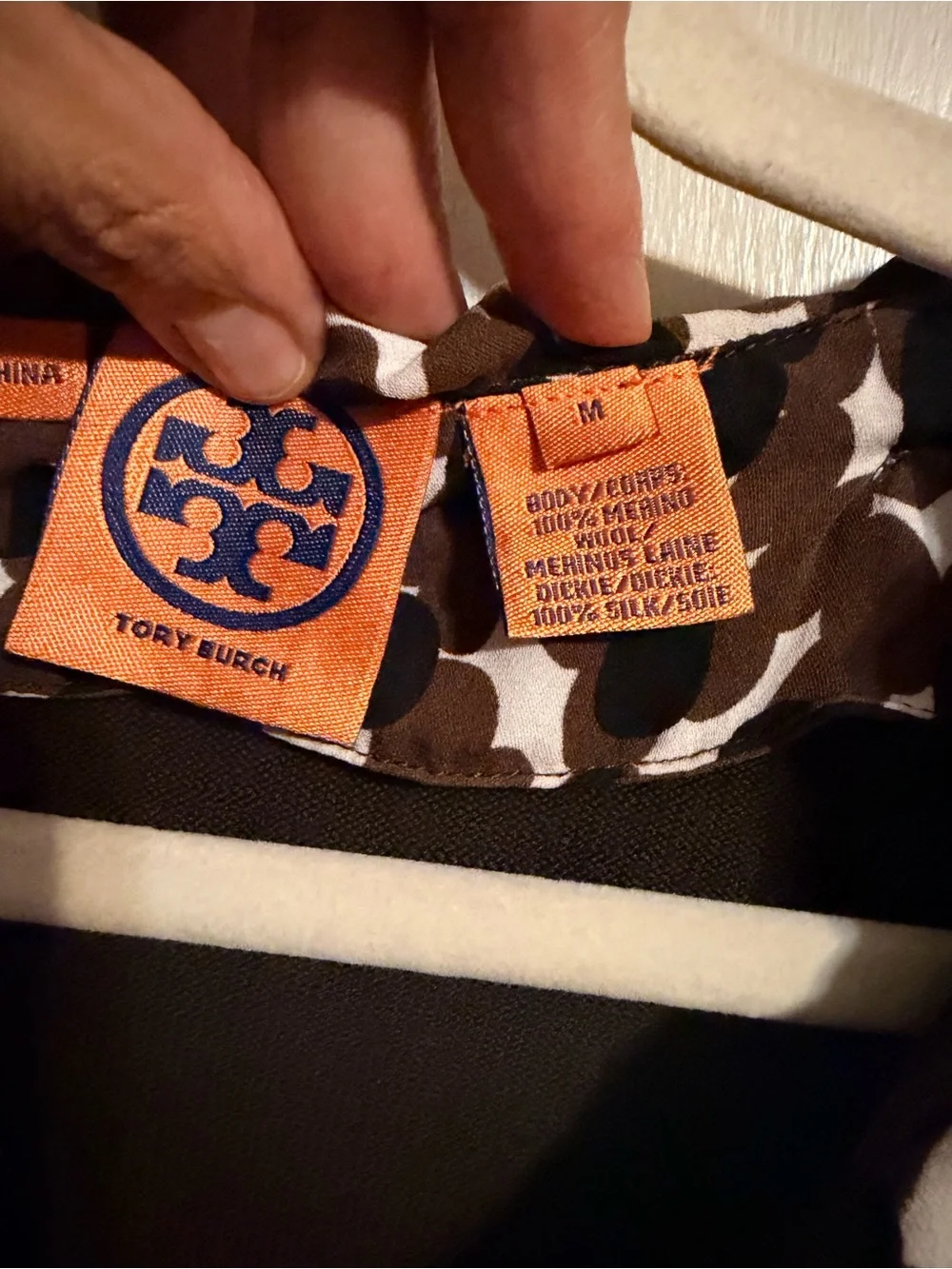 Tory Burch Ruffle Neck Sweater M Brown Merino Wool Silk Animal Print Cuffs